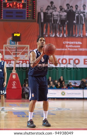 SAMARA, RUSSIA - JANUARY 28: Tywain Mc Kee of BC Triumph gets ready to throw from the free throw line in a game against BC Krasnye Krylia on January 28, 2012 in Samara, Russia.