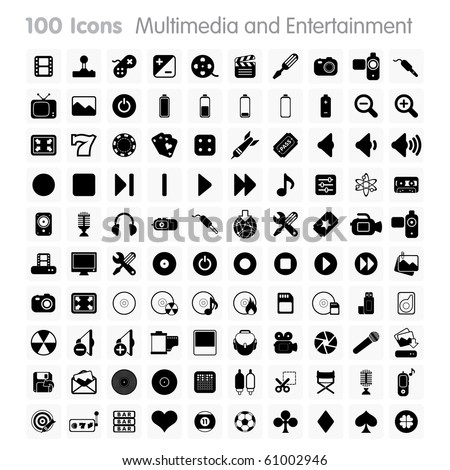 Multimedia and Entertainment Set of icons on white background in Adobe Illustrator EPS 8 format for multiple applications.