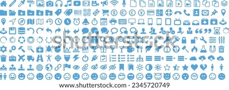 All collections of basic icons for Action, Web, File, Communication, Social media, Navigation, Hardware, icons, emojis