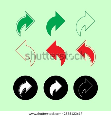 Arrow set icon, right green, left red, and arrow in black circle, directional curved line arrows vector set illustration, forward and backward arrow icon