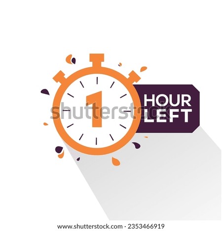 1 hour left  Countdown badge with vector number and timer stopwatch illustration. 1 hour left offer, promo sticker, business limited special promotion, best deal emblem or logo isolated 