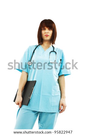 Medical person: Nurse / young doctor portrait. Confident young woman medical professional isolated on white background.