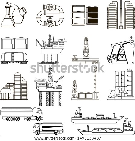 Set of abstract  line art oil and gas heavy industry icons featuring energy, oil rigs, industrial equipment for storage and transportation. 