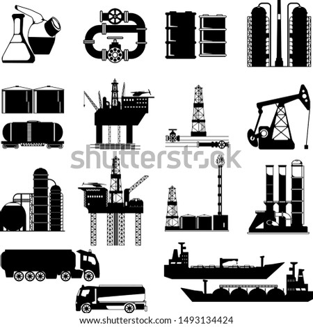 Set of abstract  oil and gas heavy industry icons featuring energy, oil rigs, industrial equipment for storage and transportation. 