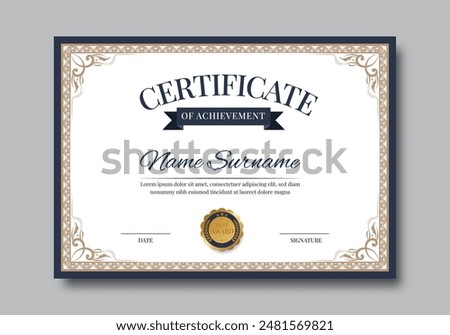 Elegant and luxurious certificate template with badge. Classic frame pattern diploma