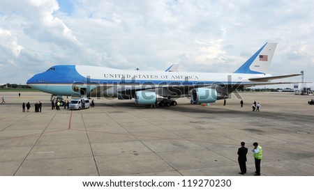 BANGKOK - NOV 18: Air Force One waits on the tarmac at Don Muang International Airport as US President Barack Obama begins a historic tour of Southeast Asia on Nov 18, 2012 in Bangkok, Thailand.