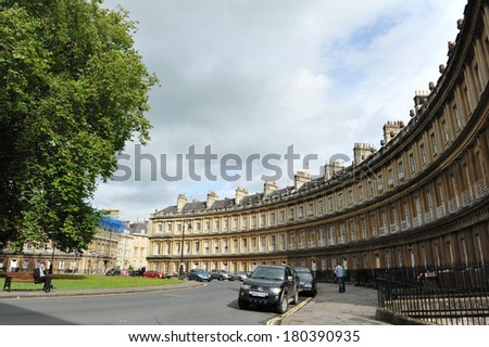 BATH - SEPT 28: View of the Circus terraced houses designed mid 18th century by architect John Wood the Elder on Sept 28, 2012 in Bath, UK. The Circus consists of luxury terraced Georgian town houses.