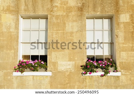 Exterior View of Old Sash Windows with Window Box Gardens of a Georgian Era English Town House