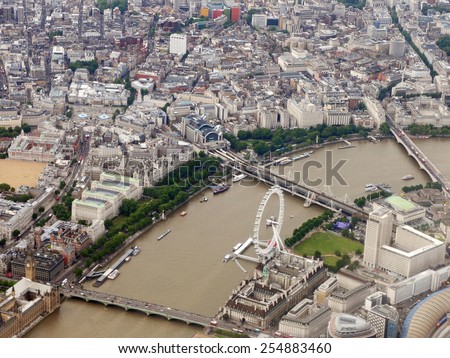 LONDON - JUNE 19: Aerial view of the River Thames as it runs through Westminster in the city centre of the British capital on June 19, 2010 in London, UK. The Thames is the longest river in England.