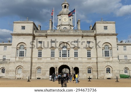 LONDON - MAY 30: People visit the landmark Horse Guards Parade on May 30, 2015 in London, UK. With 16.8 million international arrivals in 2013, London is the 4th most visited city in the world.