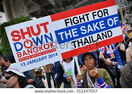 BANGKOK - JAN 23: Anti-government protesters take part in a large rally on Jan 23, 2014 in Bangkok, Thailand. The anti-government protest movement is calling for the government to be overthrown.