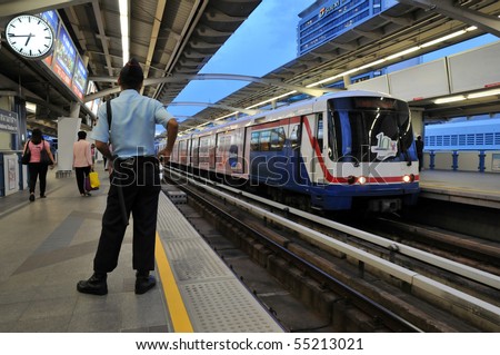 BANGKOK - JUNE 11: BTS Skytrain at a station on Sukhumvit Road as the BTS rail network celebrates its 10th anniversary of operations in the Thai capital June 11, 2010 in Bangkok, Thailand