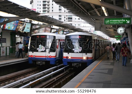 BANGKOK - JUNE 11: BTS Skytrains at a station on Sukhumvit Road as the BTS rail network celebrates its 10th anniversary of operations in the Thai capital June 11, 2010 in Bangkok, Thailand