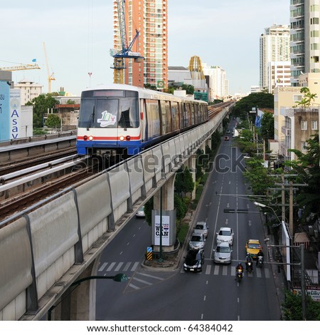 BANGKOK - JUNE 8: BTS Skytrain on elevated rail above Sukhumvit Road as the BTS network celebrates its 10th anniversary of operations in the Thai capital June 8, 2010 in Bangkok, Thailand.
