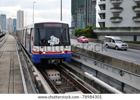 BANGKOK - JUNE 7: BTS Skytrain on rail alongside Sathon Road as the BTS network celebrates its 10th anniversary of operations in the Thai capital on June 7, 2010 in Bangkok, Thailand.