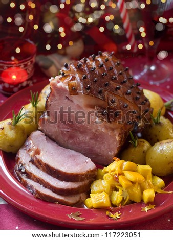 Christmas meat with potato for Holiday dinner, selective focus