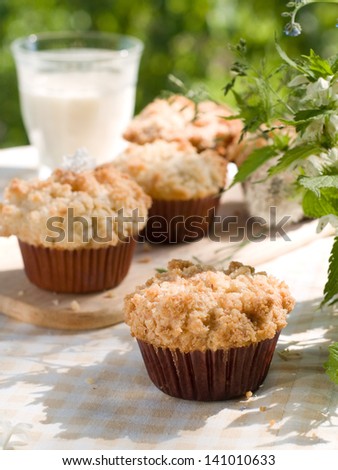 Sweet muffin with rhubarb, selective focus