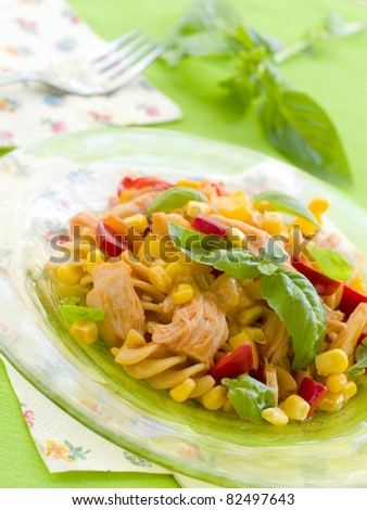 Fusilli pasta with chicken and vegetable. Selective focus