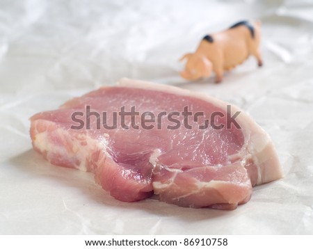 Raw pork steak in butcher paper with pig. Selective focus
