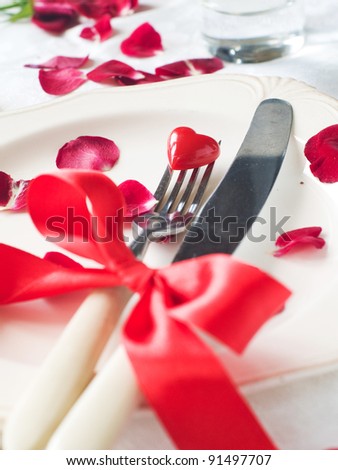 Holiday place setting for Valentine day special celebration meals, selective focus