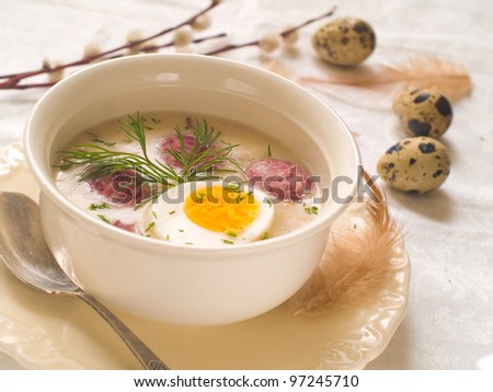 Polish traditional easter soup with egg, selective focus