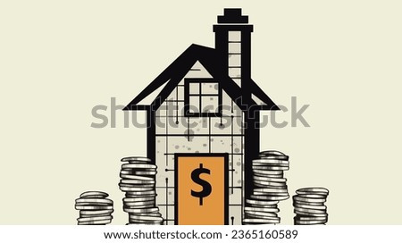 Vectorillustratie van een huis met dollarteken op de deur en munten ernaast gestapeld