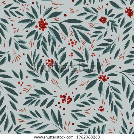 Modern hand drawn seamless pattern with green leaf berry pattern. Watercolor bouquet element. Vector hand drawing. Color pattern, vector illustration.