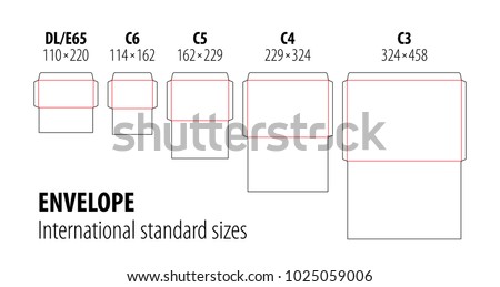 Set of international standard envelopes for office document or message, vector die cut template. Stamp. Vector black isolated circuit envelope, A6, A5, A4, A3, DL, E65, C6, C5, C4 dimensions.