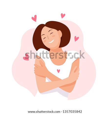 Love yourself. Love your body concept. Girl Healthcare Skincare. Take time for your self. Vector illustration. Woman hugging herself with hearts on white background. Pastel cute soft colors. Relax