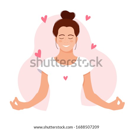 MEDITATION. GIRL MEDITATES. RELAX. Love yourself. Mental health concept. Healthcare. Inner harmony with yourself. Take time for your self. Vector illustration. Woman meditating on white background
