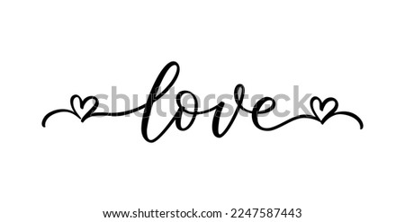 LOVE word with hearts hand drawn lettering. Script love text. Vector illustration. Design for print on shirt, poster, banner. Text with hearts on white background. Lovely print for tee shirt