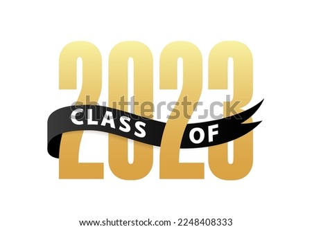 Class of 2023 Gold Lettering Graduation 3d logo with ribbon. Template for graduation design, party, high school or college graduate, yearbook. Vector illustration
