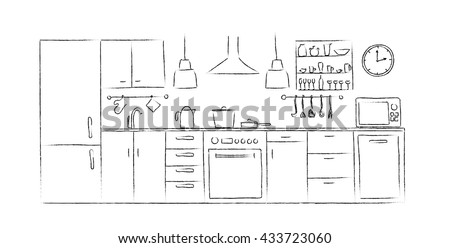 Kitchen interior sketches hand drawing front view. Contour vector illustration kitchen furniture and equipment. Cupboard, shelves, dishes, table, lamp, clock, crane, dishwasher, fridge, microwave.