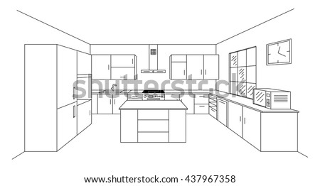 Sketch modern kitchen plan with island. Single point perspective line drawing. Kitchen project interior design 3d. Vector illustration on white background. Module system.