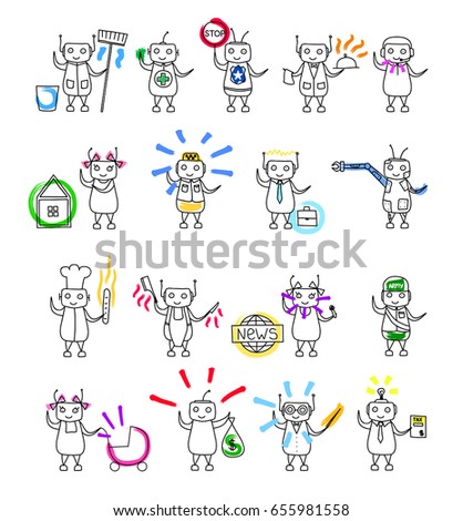 Set cute cartoon robots in work clothes of different professions, occupations which will replace worker humans. Hand drawing, sketch vector color illustration. Kinds of professional activities. Alien
