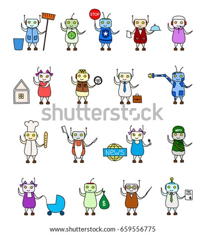 Set cartoon cute robots in wearing uniforms of various human works such as cleaner, medic, regulator, waiter, realtor, driver, baker, butcher, nanny, teacher, military, tax worker, journalist, clerk