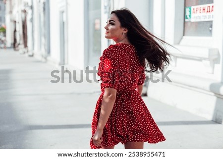 Similar – Image, Stock Photo Light red summer dress with floral pattern in the style of the fifties and sixties in the summer at the flea market at the Golden Oldies in Wettenberg Krofdorf-Gleiberg near Giessen in Hesse