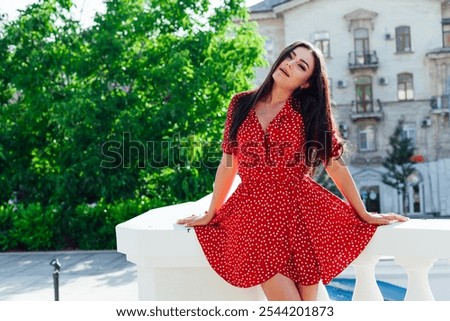 Similar – Image, Stock Photo Light red summer dress with floral pattern in the style of the fifties and sixties in the summer at the flea market at the Golden Oldies in Wettenberg Krofdorf-Gleiberg near Giessen in Hesse