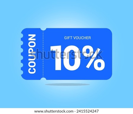 10% coupon promotion sale. Ten percent Vector Gift Voucher. Blue discount, lucky ticket, special offer promo. Web, shopping label, percent sign. Special price offers.