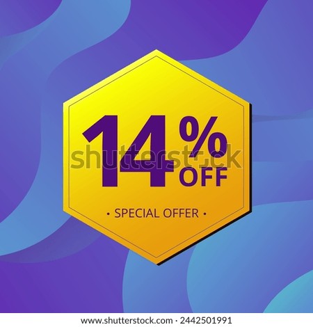 14% Sale and Discount Label. Fourteen percent Sale Discount label Geometric design. Abstract Blue and Yellow Hexagon. Vector illustration.