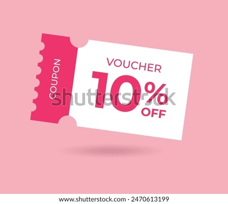 10% off Sale Voucher Coupon. Ten percent promotion illustration. Tag label, sale banner with discount coupon. Pink Vector gift voucher.