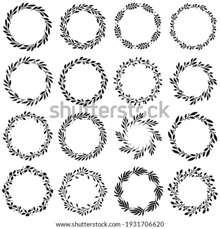 Set of 16 hand drawn spring wreaths isolated on white background, vector. Silhouette circle of leaves. Doodle style.Collection of floral frames.
