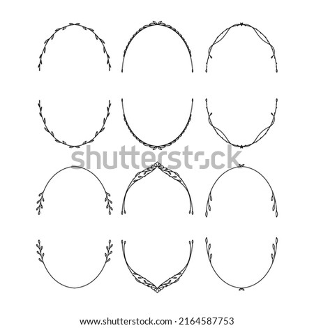 Set of hand drawn oval frames with leaves. Botanical frames for family monograms, invitations, greeting cards.