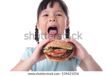 Similar – Foto Bild Hübsches Schulmädchen isst Hamburger und sitzt drinnen in einem Cafe. Glückliches Kind, das Junkfood in einem Restaurant isst. Seitenansicht