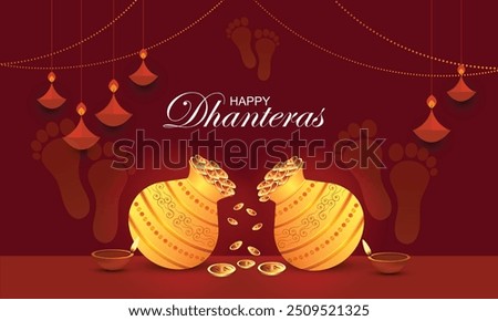 Beautiful Happy Dhanteras Indian festival greeting background Dhanteras Pot with Gold Coins, Diya's (oil lamps) and decorative elements