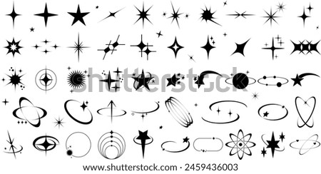 Set of Y2K abstract shapes on white background. Star, sparkle and simple geometric forms in retro style. Vector templates for tattoo, logo, icon, notes, posters, banners, stickers, business cards.