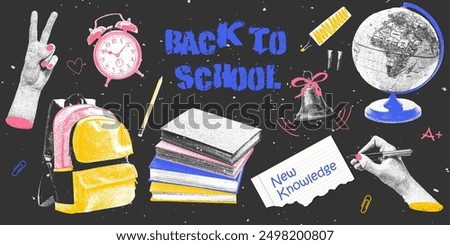 Retro futuristic Back to School vector illustration features backpack, globe, books, alarm clock, hands and school bell. Photocopy elements with negative halftone effect. Pursuit of knowledge concept.