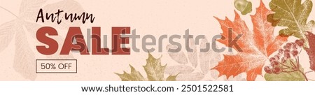 Abstract Autumn SALE grainy background with foliage and typography. Autumn banner with photocopy effect. Vector template with colorful leaves for poster, flyer, advertisement, header of website.