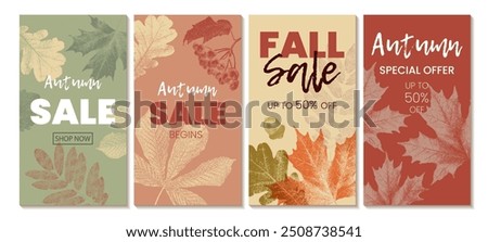 Vector set of autumn sale promotion templates with autumn leaves. Autumn advertisement illustrations with grainy photocopy effect for stories, flyers, banners.