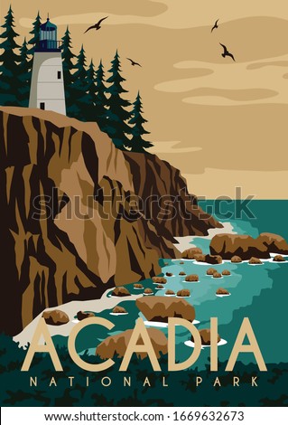 Acadia National Park Background. Travel to Maine East Coast United States. Flat Cartoon Vector Illustration in Colored Style.